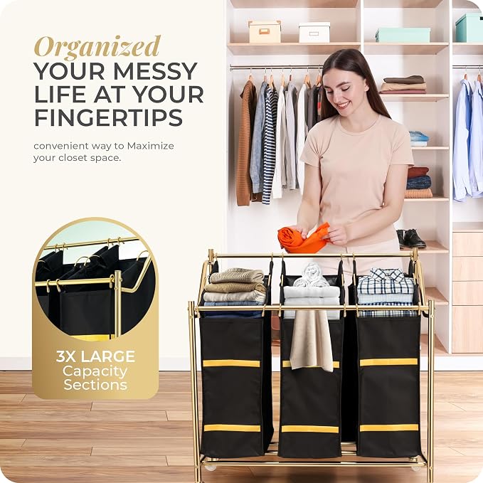 LUXURY STYLE Laundry Hamper, 3-Section Rolling Laundry Sorter Cart with Wheels, Modern Golden Hamper with 3 Bags for Clothes, Toys, and Towels - Image 6