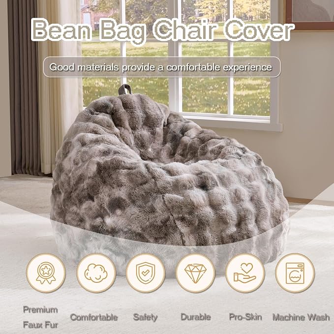 Fluffy Faux Rabbit Fur Bean Bag Chair Cover(No Filler),Cozy Shaggy Bubble Stuffed Animal Storage Large Bean Bag Cover for Bedroom Living Room,Fuzzy Bean Bag Cover Girls Teens Adult,Tie-dye Gray - Image 2