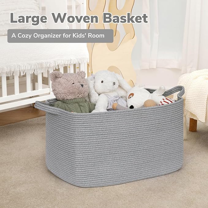 Goodpick Large Woven Rope Blanket Basket, Rectangle, Gray, 75L | 21.6'' x 14.9'' x 11.8'' Storage Basket for Toys, Blankets & Towels, Living Room & Nursery Organization, Reinforced Handles - Image 2