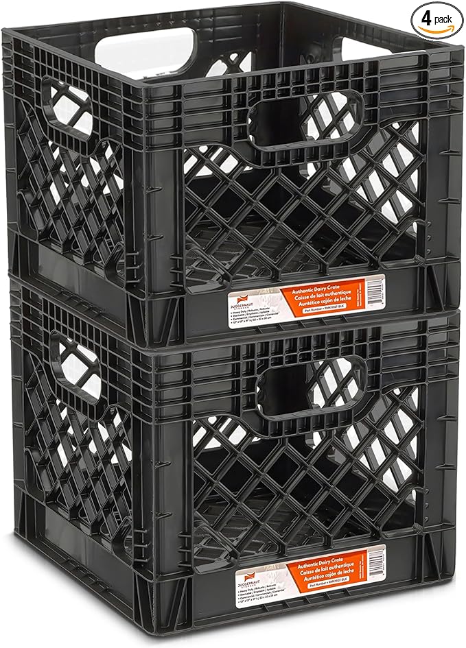 Juggernaut Storage Heavy Duty Milk Crates, 4 Handles, 16 Qt, Black, 4-Pack | Stackable HDPE Construction, Holds Up to 50 lbs, Vented Cross-Hatch Design, 13 x 13 x 11 In, for Office, Classroom & Home by JuggernautStorage