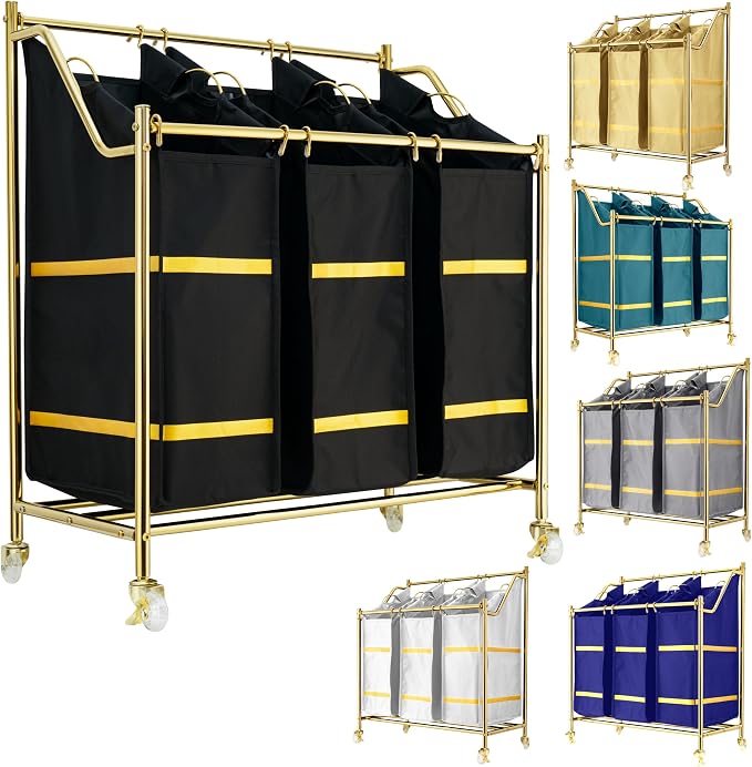 LUXURY STYLE Laundry Hamper, 3-Section Rolling Laundry Sorter Cart with Wheels, Modern Golden Hamper with 3 Bags for Clothes, Toys, and Towels by Unknown