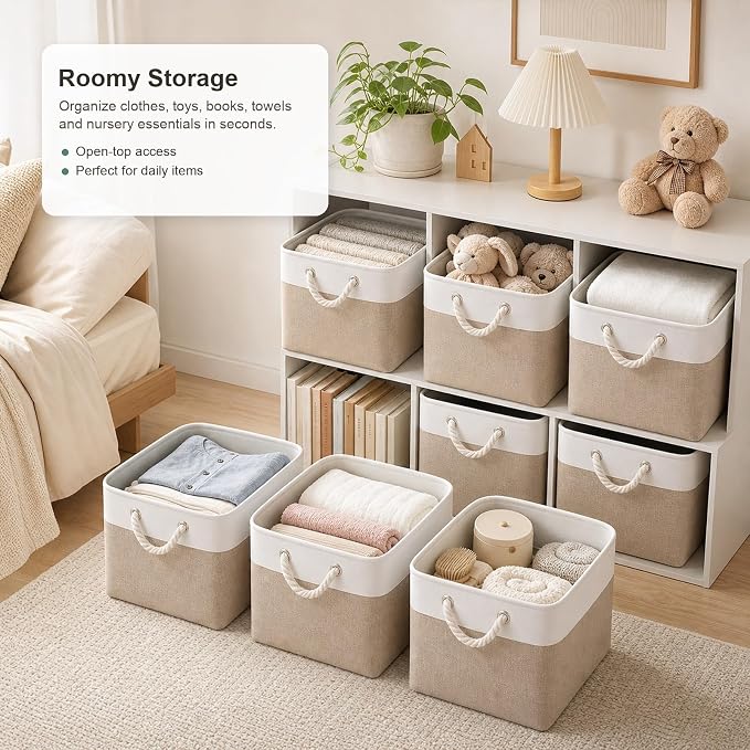 11x11 Inch Cube Storage Bins, 6 Pack Collapsible Fabric Storage Cubes with Rope Handles, Waterproof Foldable Storage Baskets for Cube Shelves, Closet, Clothes, Toys, Books, White & Beige - Image 2