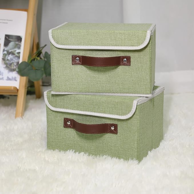 ANMINY Fabric Storage Box Bins with Lids, Green, 10"x8"x7", 2 Pack | Keepsake Memory Storage, Cotton Linen, PP Board Reinforced, Washable, PU Handles, Foldable & Stackable, Decorative, Small - Image 6