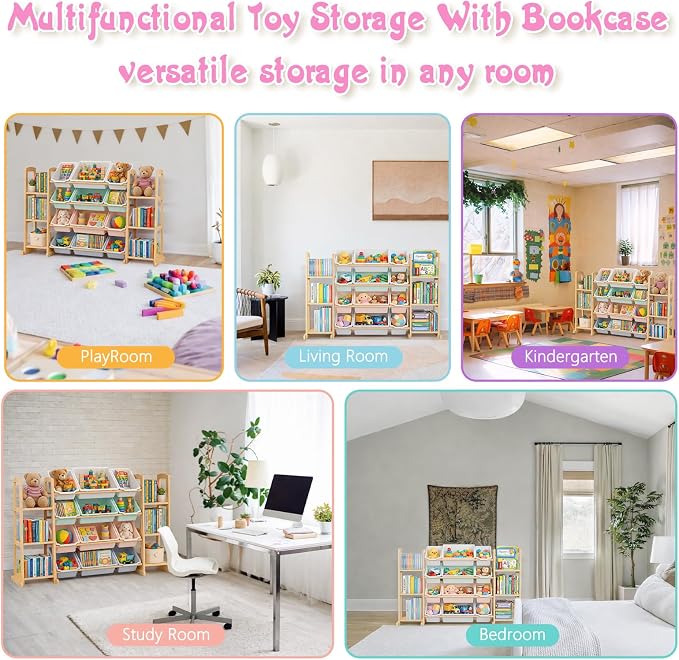 Kids Toy Storage Organizer with Bookshelf – Wooden Shelf with 12 Bins & 6 Shelves, Quick Assembly Storage Rack for Playroom, Bedroom, Nursery – Colorful - Image 7