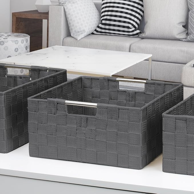 Sorbus Storage Box Woven Basket Bin Container Tote Cube Organizer Set Stackable Storage Basket Woven Strap Shelf Organizer Built-in Carry Handles (Gray) - Image 5