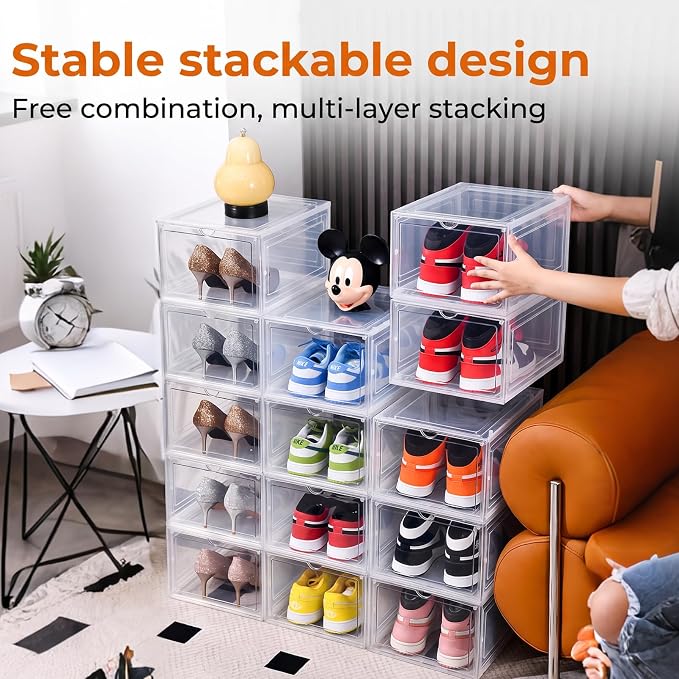 Large Clear Shoe Storage Boxes Stackable, 12 Pack Hard Plastic Shoe Storage Organizer with Magnetic Door, Shoe Container Sneaker Storage Display Case Fit up to US Size 12 Clear - Image 4