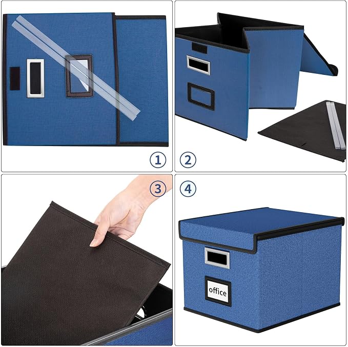 File Organizer Box with Lids, Collapsible File Folder Organizer | File Box with Plastic Slides for Document, Filing Bin for Letter Size Hanging File Folders (4 Pack, Royal Blue) - Image 7