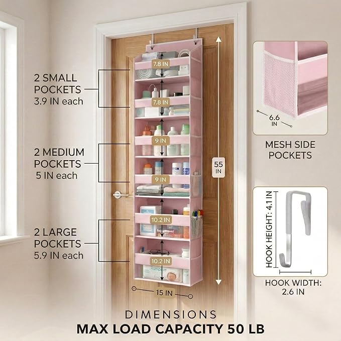 Over the Door Organizer, 6-Tier, 100D Fabric, Baby Pink 1pc | Over the door shoe organizer, 50 lbs capacity, 12 side mesh pockets, 100D extra thick fabric, Closet & entryway storage - Image 3
