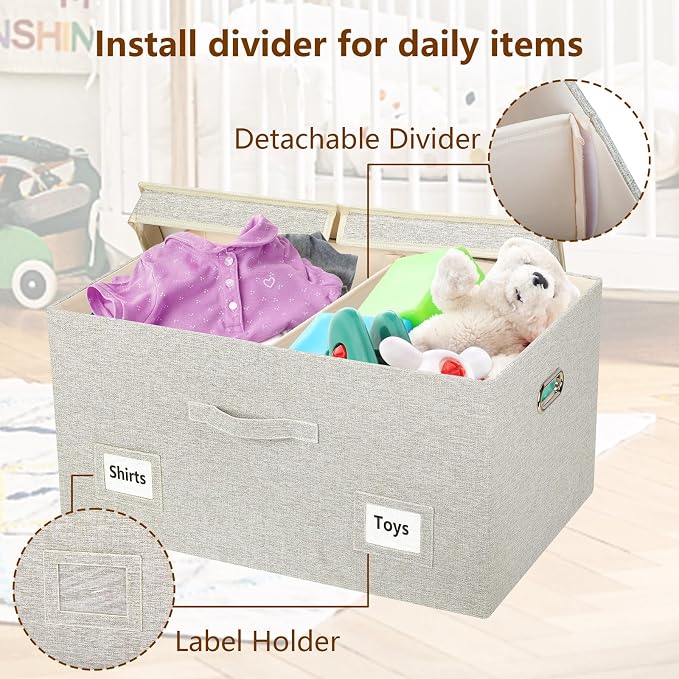Storage Bins with Lids Fabric Closet Organizers Cubes Office Organization | 75 Quarts 3 Pack Beige Collapsible Stackable Linen Fabric 4 Handles Bedroom Closet Cabinet Under Bed Clothes Toy Office File - Image 6