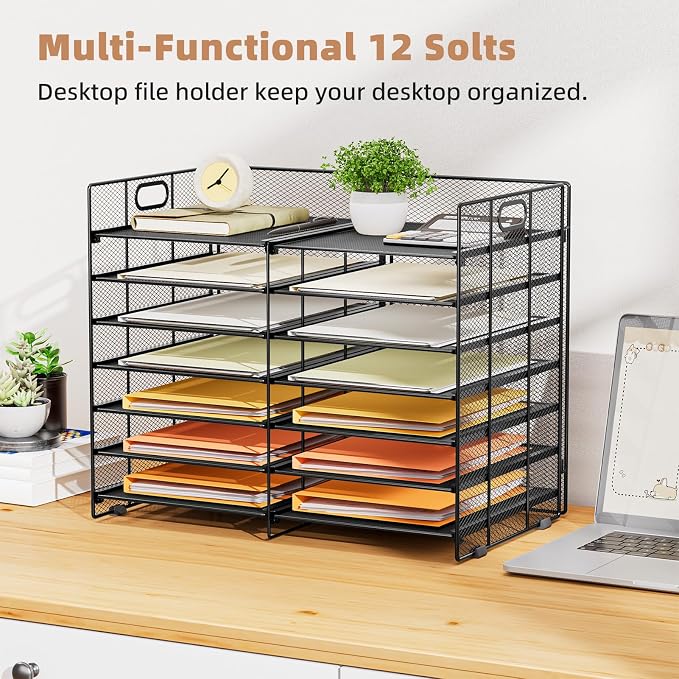 Marbrasse 12 Slots Desktop Literature Organizer, 7-Tier Mesh Paper Organizer for Desk, Adjustable Mail File Sorter Tray with Handle, Desktop Classroom Mailbox Cabinet for Office Home School, Black - Image 2