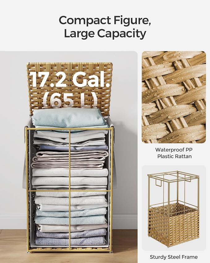 SONGMICS Laundry Hamper with Lid, 17.2 Gallon (65 L) Synthetic Rattan Clothes Laundry Basket with Lid and Handles, Foldable, Removable Liner, Goose Yellow ULCB165N01 - Image 5