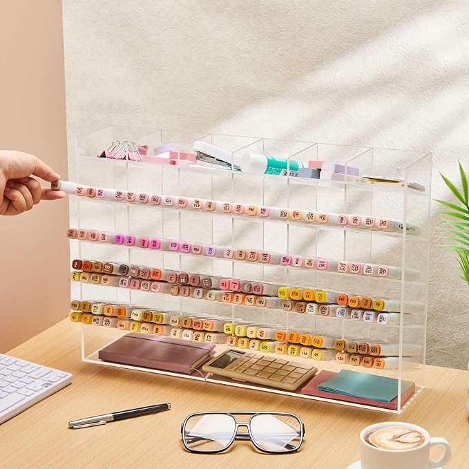 MotiMind Acrylic Pen and Marker Organizer for 350 Markers | 26 Compartments, Vertical Marker Pencil Organizer, Acrylic Pen Display Holder, Art Supply Storage for Desk Stationery, Clear - Image 4