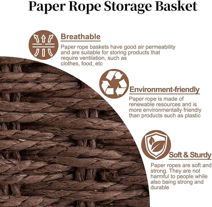 OIAHOMY Wicker Storage Basket, Rectangular Paper Rope Shelf Baskets with Built-in Handles, Woven Decorative Organizer for Pantry, Shelves, Living Room and Bathroom, 1-Pack Brown - Image 3