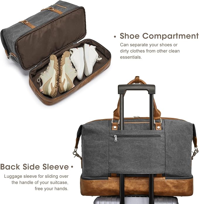 S-ZONE Weekender Bag for Men Large Canvas Duffle Overnight Travel Bag Grey | Anti-wrinkle Canvas,Adjustable Shoulder Strap,1 Main Compartment and 7 Pockets,with Shoe Compartment - Image 4