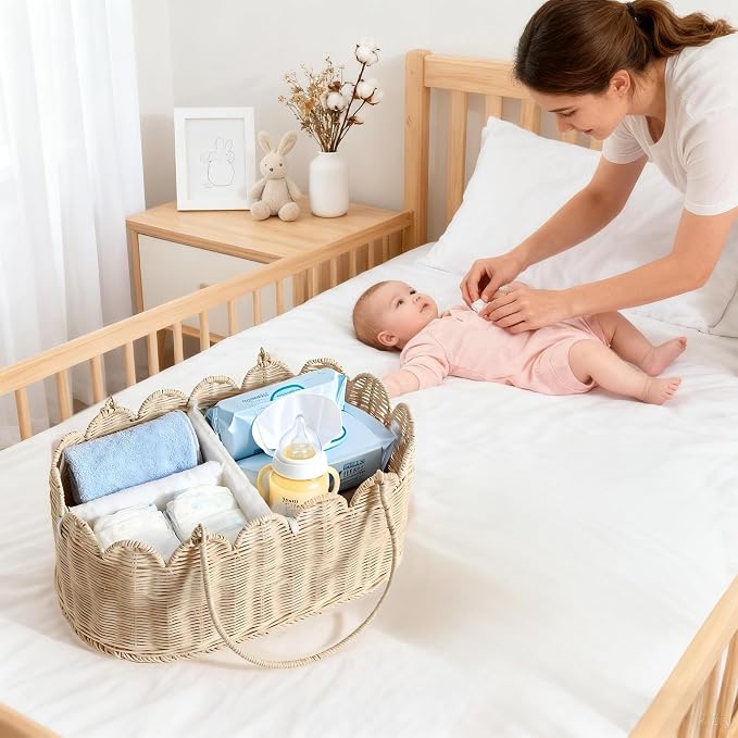 Premium Wicker Baby Diaper Caddy Organizer,Woven Scalloped Rattan Basket with Handle,Wicker Baby Carriage for Nursery (Scalloped Rattan Baby Diaper Caddy Organizer) - Image 3