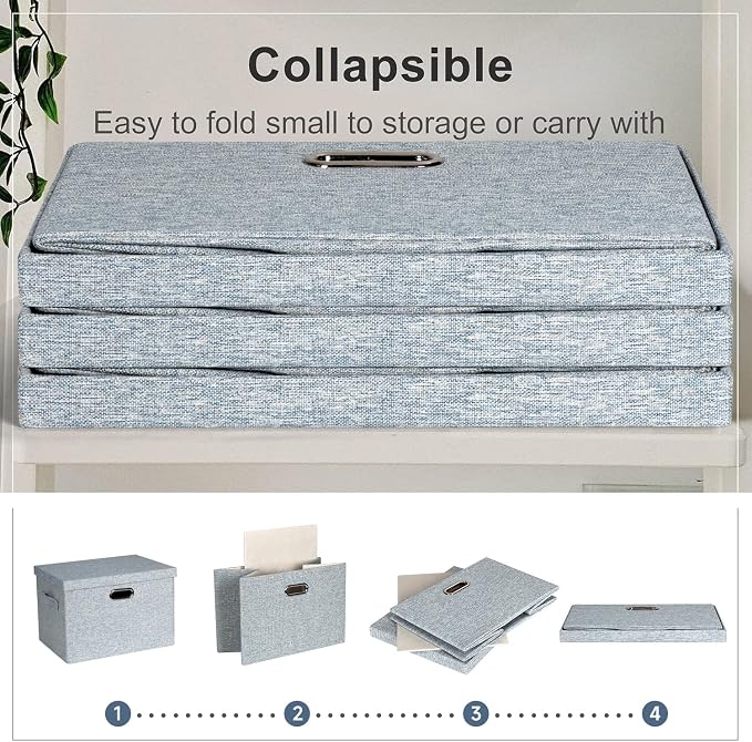 Storage Bins with Lids Fabric Closet Organizers Cubes Office Organization | 36 Quart 3 Pack Blue-Grey Collapsible Stackable Linen Fabric 4 Handles Bedroom Closet Cabinet Under Bed Clothes Toy Office - Image 4
