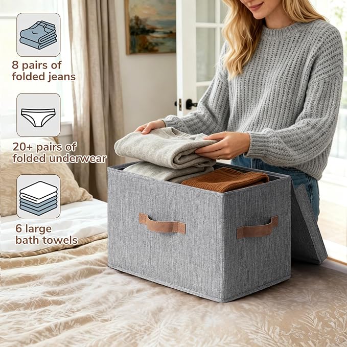 CHICVITA 4-Pack Medium Fabric Storage Bins with Lids for Closet,Grey | 15" x 9.8" x 10.2" Closet Storage Bins with Durable Support Plate, Toy Storage with Handles for Playroom - Image 5