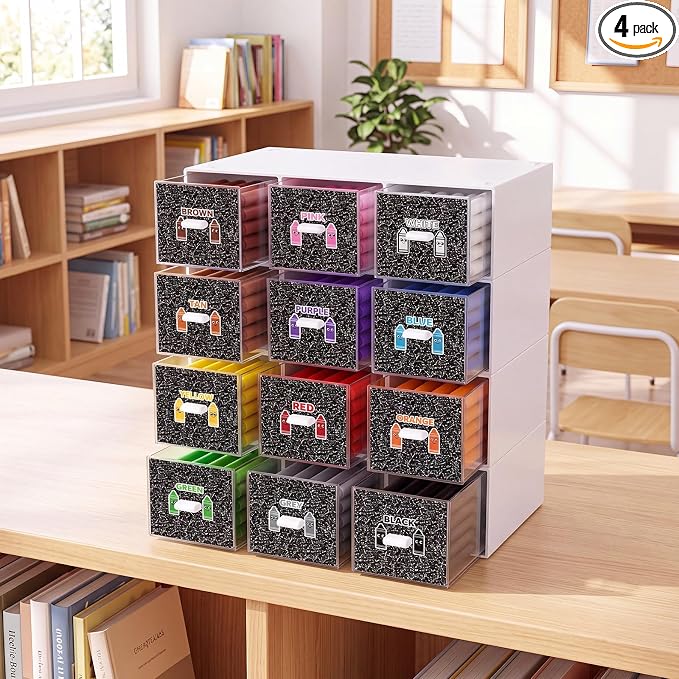 12 Pcs/ 4 Pack Plastic Crayon Organizer for Classroom Back to School | Crayon Storage Boxes Drawer for Marker Pen Art Craft Supplies Crayons Container for Classroom Office Table with Color Label by Wenqik