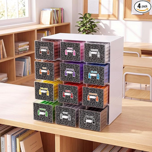 12 Pcs/ 4 Pack Plastic Crayon Organizer for Classroom Back to School | Crayon Storage Boxes Drawer for Marker Pen Art Craft Supplies Crayons Container for Classroom Office Table with Color Label by Wenqik