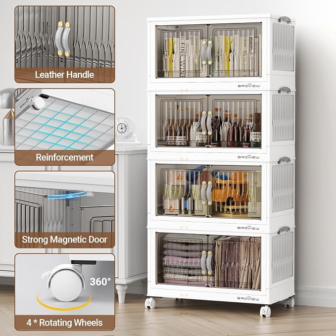 BROVIEW 240Qt Stackable Storage Bins with Lid, Extra Large Closet Organizer Collapsible Drawer Boxes with Wheels, Folding Plastic Cabinet Containers for Home Kitchen Room Organization, 4Pack White - Image 3
