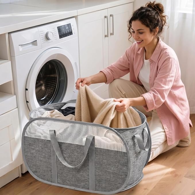 2 Pack Large Collapsible Laundry Baskets 74L Pop Up Laundry Hamper with Reinforced Handles Durable Foldable Laundry Hamper for Home Laundry - Image 2