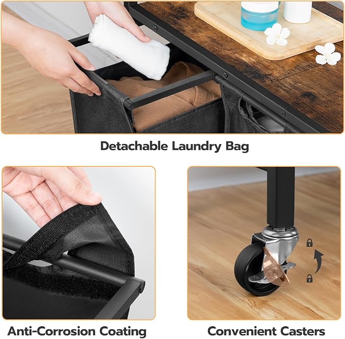 HOOBRO Laundry Sorter 3 Section, Laundry Hamper with Wheels, 3 × 11.5 Gal (43.5 L), Rolling Laundry Basket, Pull-Out and Removable Oxford Fabric Laundry Bags, Rustic Brown and Black BF76XY01 - Image 4