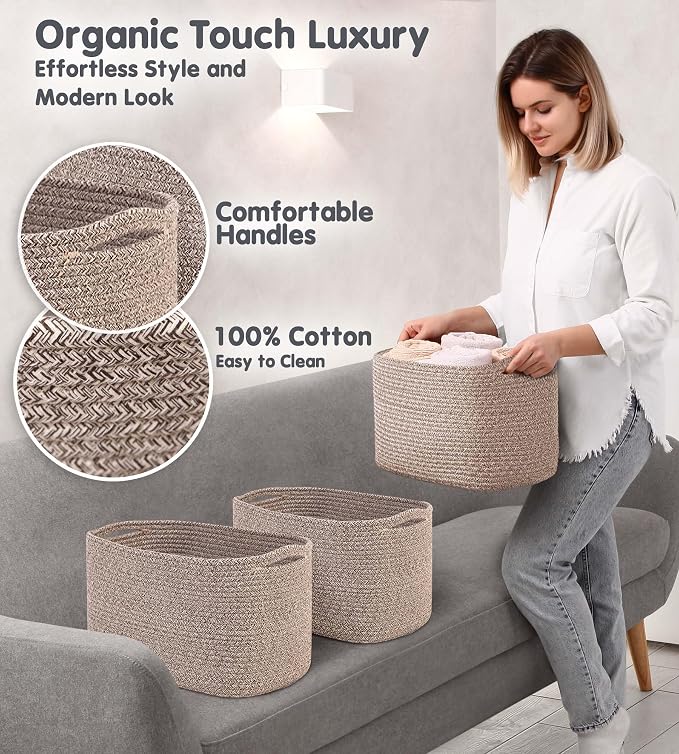 CHAT BLANC Cotton Rope Baskets for Organizing, Shelves, Toys, Storage, Shoe, Bathroom, Laundry, Towel, Nursery, Home Decor, Blanket, Cloth Woven Bins Fabric (Brown, 15"x10"x9") - Image 3