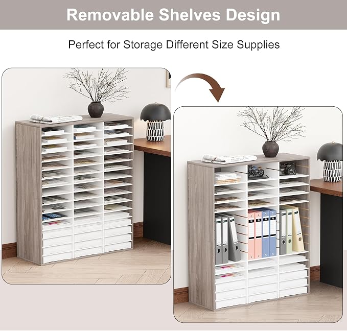 EasyPAG Wooden Literature Organizer with Adjustable Shelves, 48 Compartments Office Paper Organizer Storage 24000 Sheets Letter Size Paper, Student Mailbox for Classroom, Retro Gray/White - Image 6
