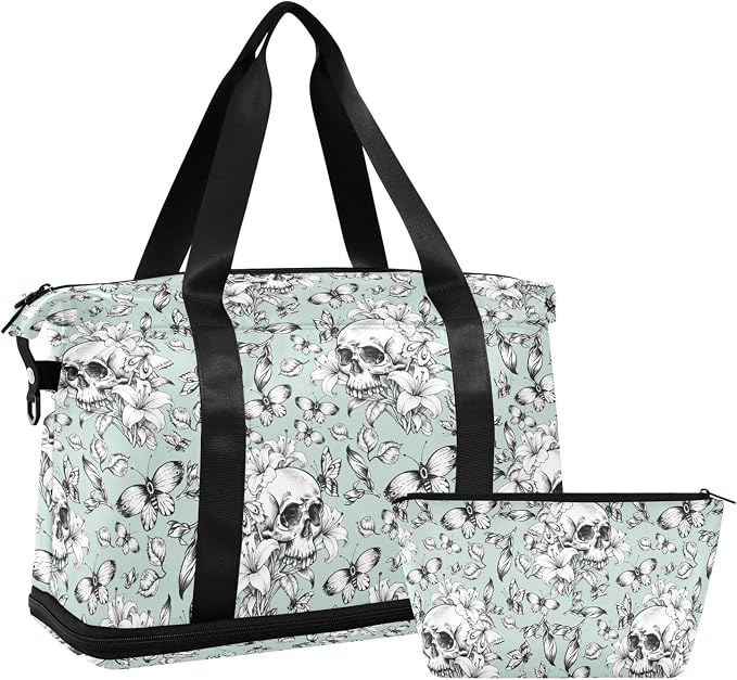 MNSRUU Travel Duffel Tote Bag Vintage Goth Skull Sports Duffel Bag with Wet Pocket Weekender Overnight Bag for Women Men Gym Bag, Carry On Bag Hospital Bag for Labor & Delivery - Image 7