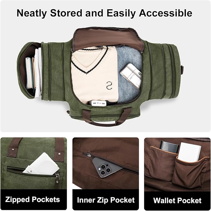 EKOROMIER Large Canvas Duffle Bag for Travel, Expandable 55L Weekender bags | Features Luggage Trolley Sleeve, Multi-Pockets for Traveling, Overnight Airplane Carry-On Bag for Men & Women - Olive - Image 6