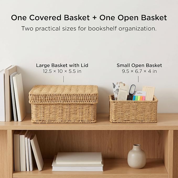Wicker Storage Basket with Lid for Shelves, Set of 2, Natural | One rectangular wicker basket with lid and one open basket for decorative shelf storage; removable lid flips into a tray. - Image 4