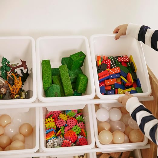 ECR4Kids 4-Tier Organizer with 12 Removable Plastic Bins, 4x3, Toy Storage, Dark Natural/White | Durable plastic bins, MDF panels, steel frame, GREENGUARD Gold Certified, 48 lb capacity, anti-tip kit, playroom/classroom - Image 8