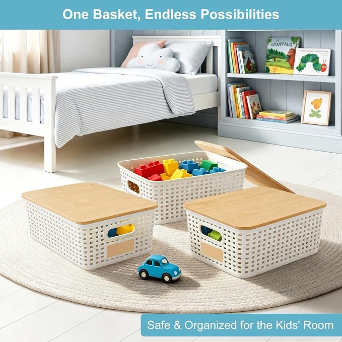 Small Plastic Storage Bins with Bamboo Lids 5.2qt Stackable Box Basket Pantry Decorative Containers Cute with Labels for Organizing Desktop Closet Office Cream White of 6 packs 10*7.2*4.1" - Image 4