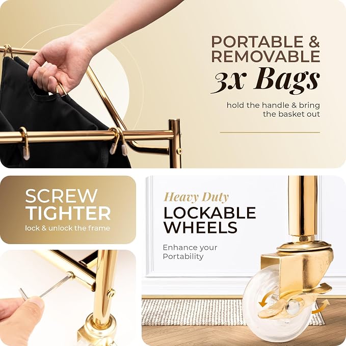 LUXURY STYLE Laundry Hamper, 3-Section Rolling Laundry Sorter Cart with Wheels, Modern Golden Hamper with 3 Bags for Clothes, Toys, and Towels - Image 4