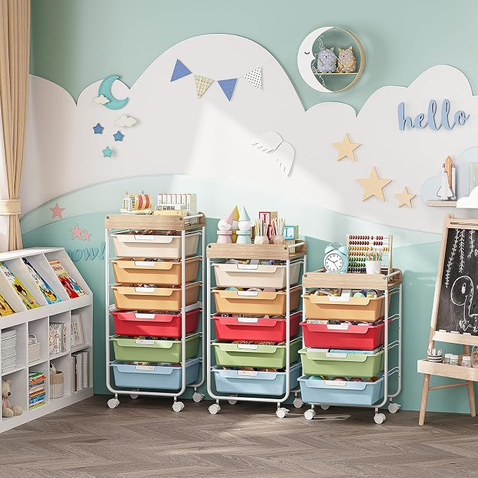 SYKIARIOL Rolling Cart with 6 Drawers,Craft Organizer and Storage,Rainbow | Utility Storage Cart with Drawers,Art Cart,Makeup Organizer With Wooden Tabletop - Image 9