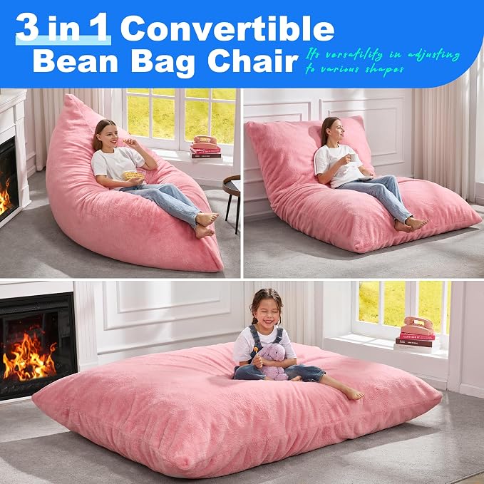 Hobestluk Adult Bean Bag Chair 3 in 1 Convertible Large Bean Bag Sofa | Plush Pink,Machine Washable,Removable Cover,Easy Convert And Install, Oversied Floor Bed,For Livingroom Bedroom - Image 4