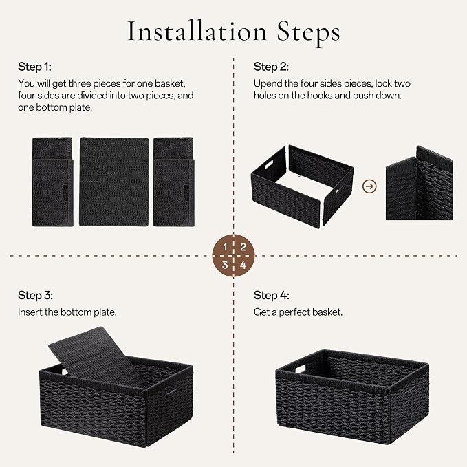 UBBCARE 4 Pack Wicker Basket, 13.4L×8.3H×7.1W inch Woven Paper Rope Storage Baskets for Shelves, Foldable Rectangular Storage Baskets with Handle, Storage Basket for Organizing, Black - Image 2