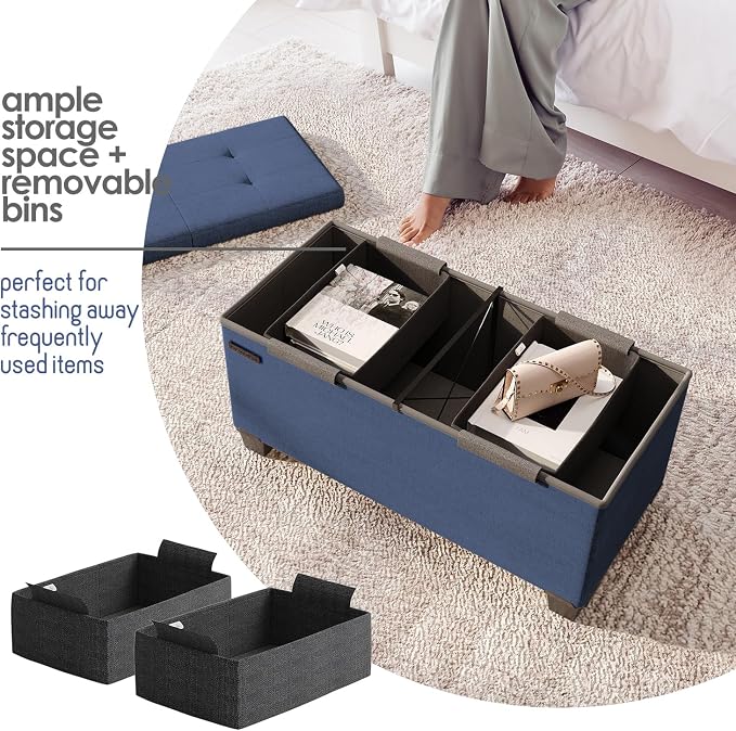 Storage Ottoman Bench with Bins, 30-in Storage Bench for Bedroom End of Bed, Folding Foot Rest Ottoman for Living Room Max 660lbs, Fabric Ottomans, Blue - Image 3
