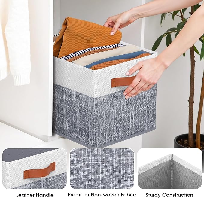 Collapsible Storage Baskets for Shelves,14"x10", 6 Pack Foldable Fabric Storage Bins with Double Leather Handles, Large Baskets for Organizing Books, Clothes, White & Grey - Image 4