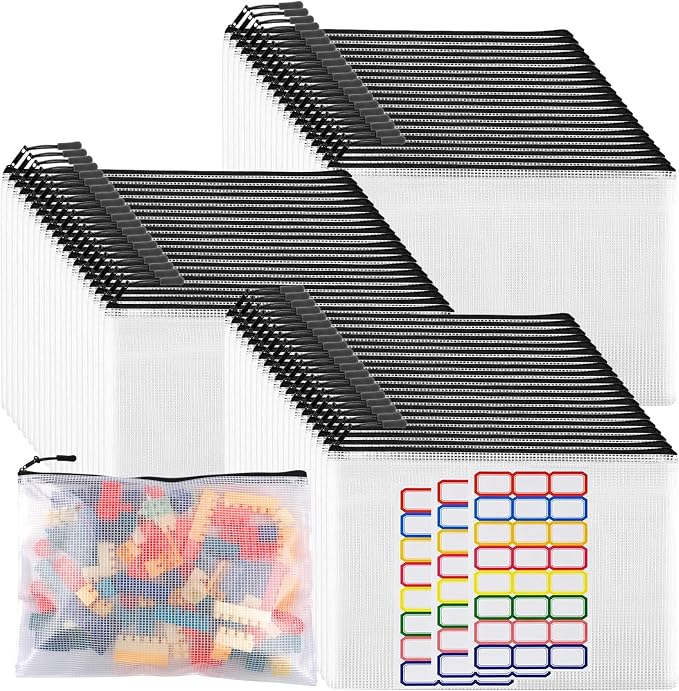 YOPCDJ 60pcs Large Mesh Zipper Pouch File Bags Reusable Zippered Pouches for Organizing Classroom, Board Game Storage, Puzzle Bags Black by YOPCDJ