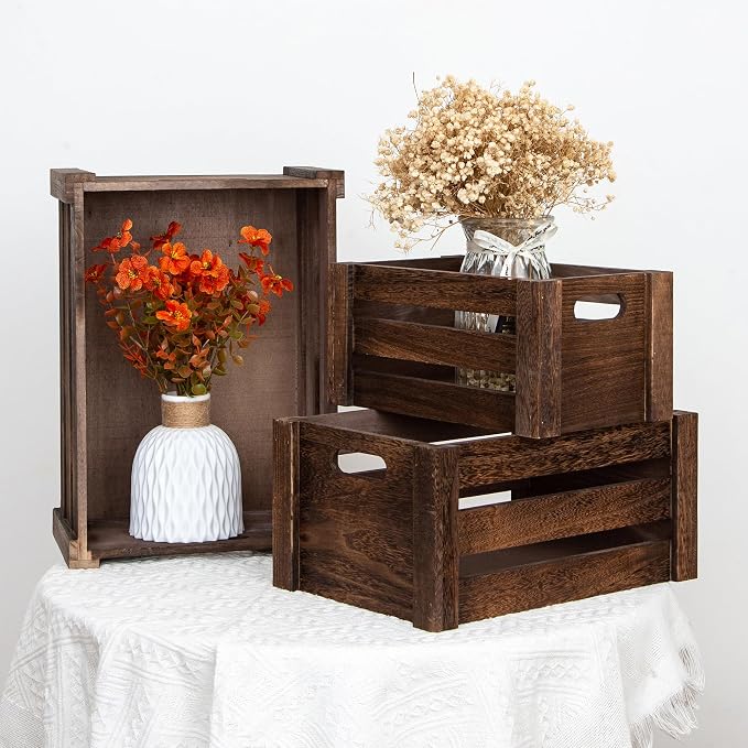 Set of 3 Nesting Wooden Crates, Small Rustic Farmhouse Wood Storage Boxes with Handles, Stackable Compact Organizer Bins for Kitchen Bathroom Bedroom Decor, 3 Sizes (Retro Brown) - Image 6