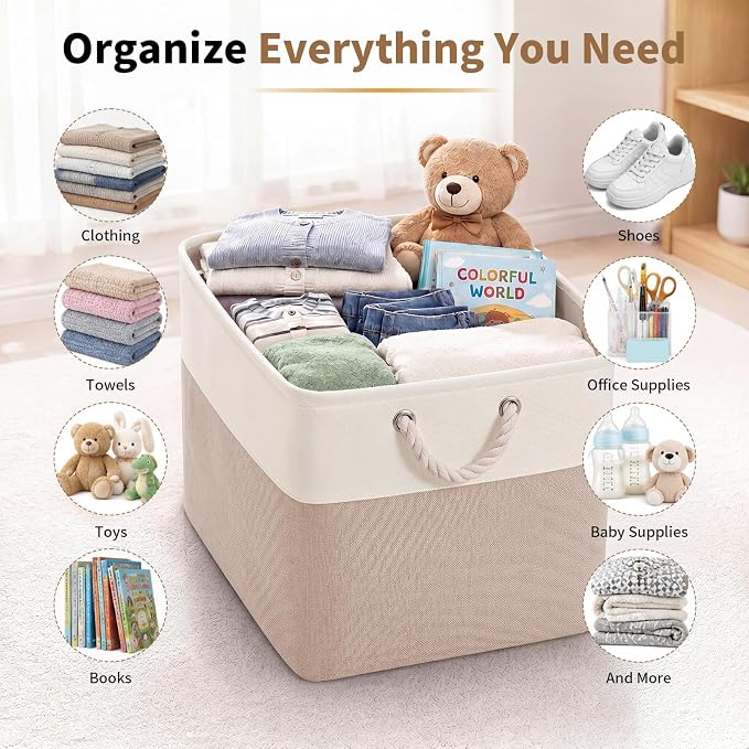13×15×13 Inch Foldable Fabric Storage Basket with Handles | Large Storage Basket,6 Pack Storage Cubes,Home Organisation Solutions,Closet Storage (White&Beige) - Image 7