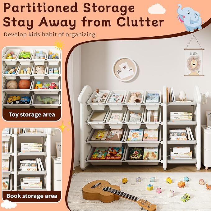 Pipleo Kids Toy Storage Organizer with 12 Removable Bins, Toy Organizers and Storage with 4-Tier Bookshelf for Kids Toy Storage Organizer (Beige) - Image 4