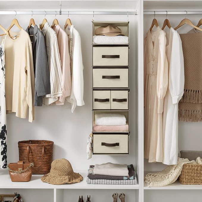 GRANNY SAYS Hanging Closet Organizer, 5 Drawers, 6 Shelves, 6 Pockets | Hanging Closet Organizer with 5 Different Drawer Designs, 6 Shelves & Reinforced Structure for Organized Small Space, Beiges - Image 2