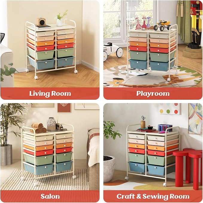 12 Drawer Rolling Storage Cart, Craft Cart Organizer on Wheels w/Metal Frame, Large Capacity & Smooth Drawer, Rolling Cart w/Drawers for Classroom, Office - Image 9