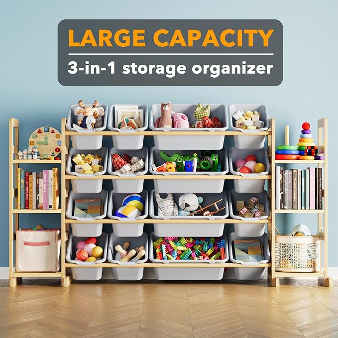 SpaceAid Toy Storage Organizer with 6 Shelves and 16 Bins, Toy Organizers Storage Bookshelf, Kids Bin Shelf Toys Box Bookcase for Bedroom Playroom Organization Room Decor, Neutral Gray - Image 3