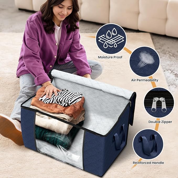 90L Clothes Storage, Foldable Thick Fabric Blanket Storage Bags | Foldable Containers with Zippers,Window and Handles for Organizing Bedroom, Closet, Comforter, Bedding,Dorm essentials - Image 4