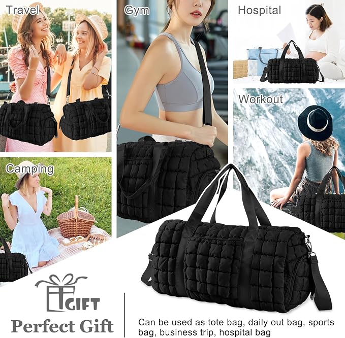 Quilted Travel Duffle Bag Gym Bag for Women,Large Puffer Duffle Weekender Bag with Compartment,Workout Overnight Carry on Organizer Bag Duffle Bag for Airplane Travel(Black) - Image 6