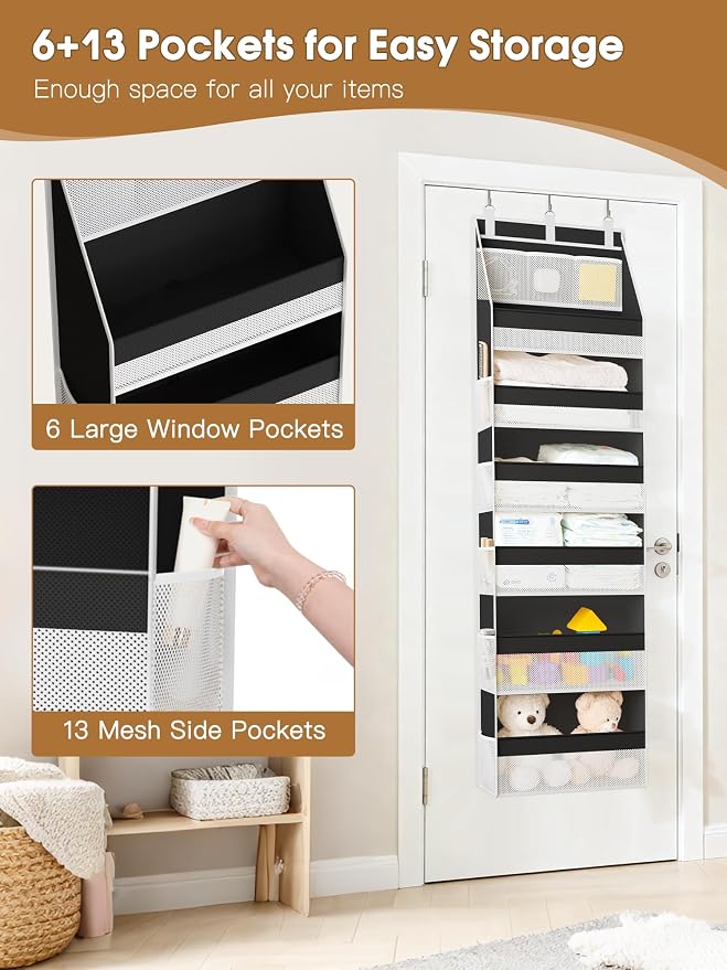 2 Pack Over the Door Organizer, Heavy-Duty 6-Shelf Hanging Storage with 13 Mesh Pockets, 55lbs Capacity Behind the Door Storage for Nursery, Bathroom, Bedroom, and Dorm, Black - Image 5