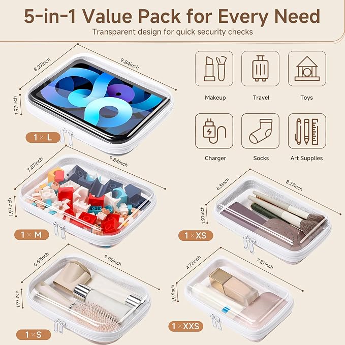 5 Pack Clear Hard Shell Zipper Case Diaper Organizer | 1.0mm Hard Shell, Upgraded Large Zipper Pulls, Clear Travel Pouches, Smooth Zipper Closure, Holds Shape - Image 4